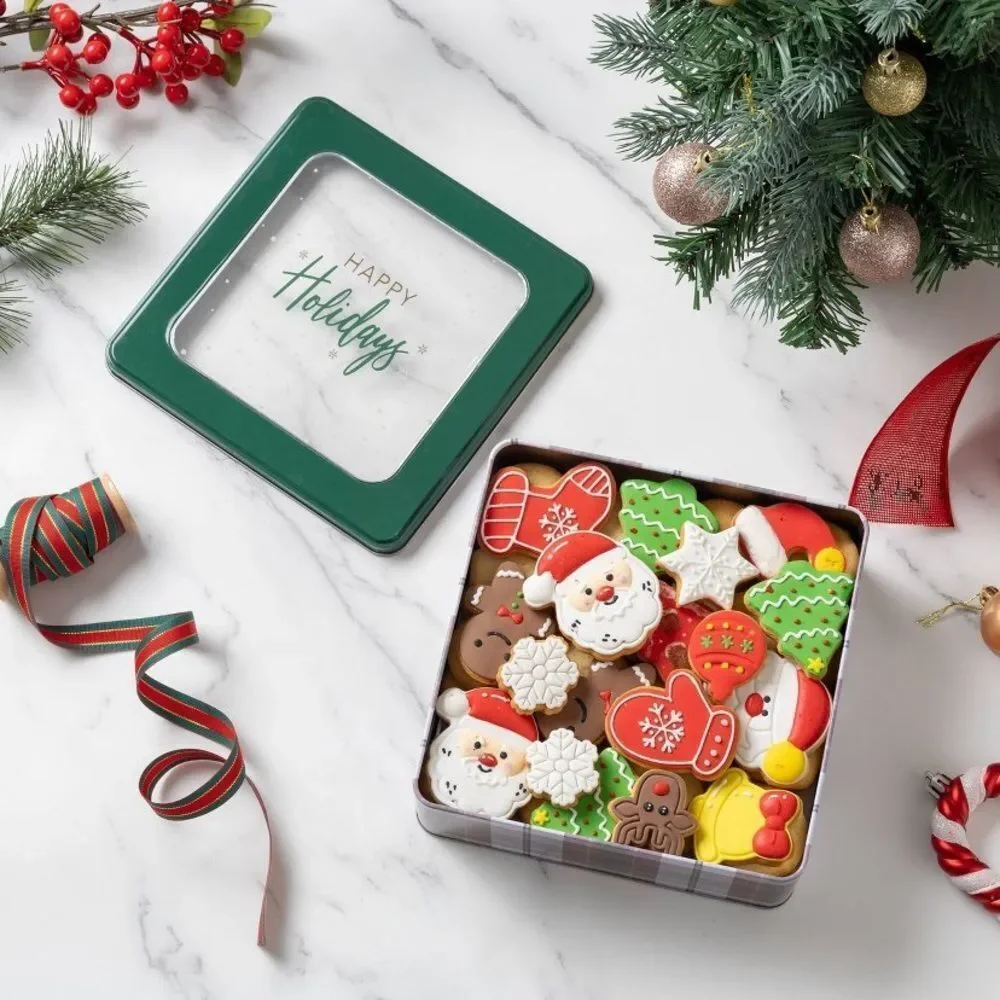 Cook With Color Green Plaid Holiday Tin Box (Happy Holidays)